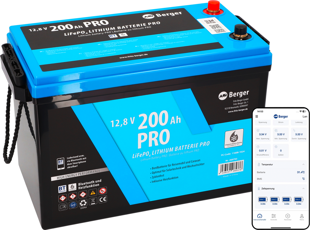 LiFePO4 litiumsbatteri Pro 200 Ah 12V med Bluetooth og varme forside