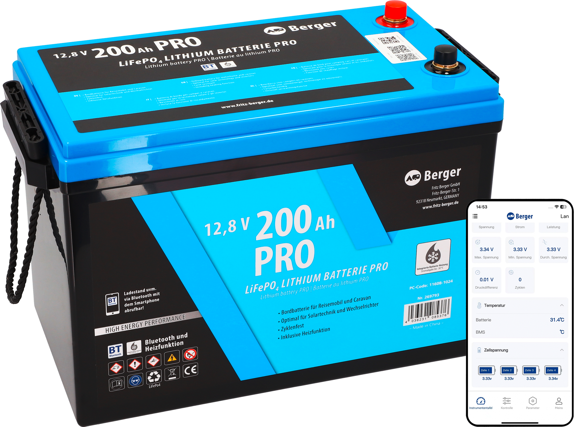 LiFePO4 litiumsbatteri Pro 200 Ah 12V med Bluetooth og varme forside