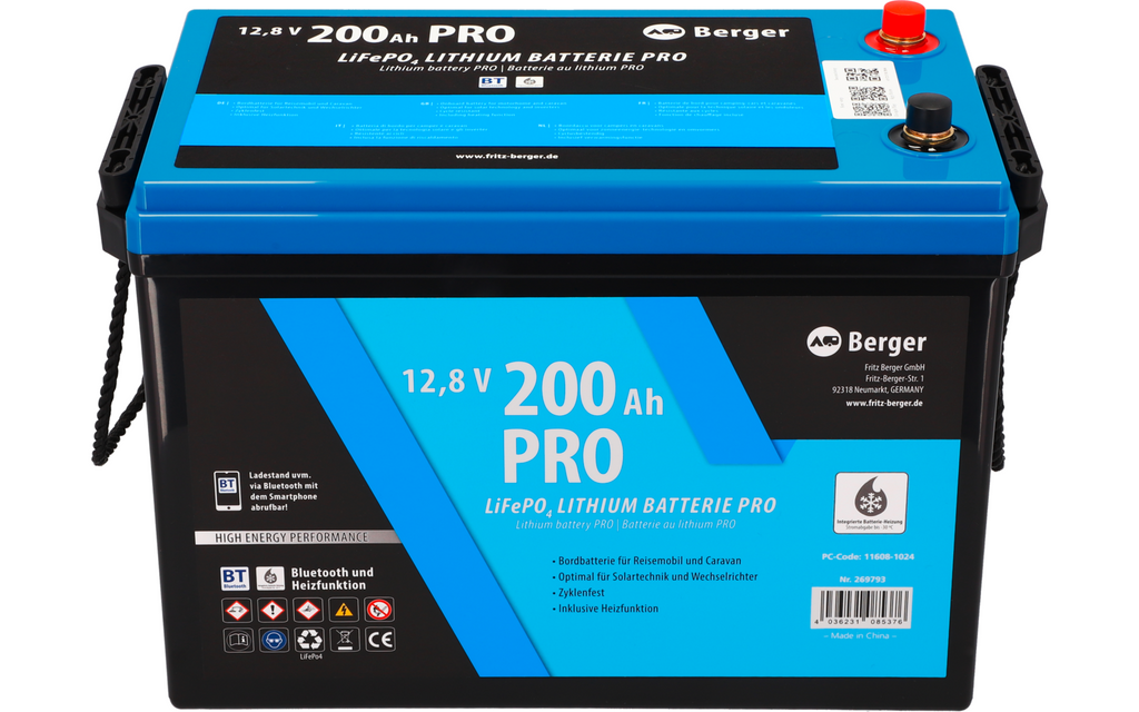 Nærbilde av LiFePO4 litiumsbatteri Pro 200 Ah 12V med Bluetooth og varme terminaler
