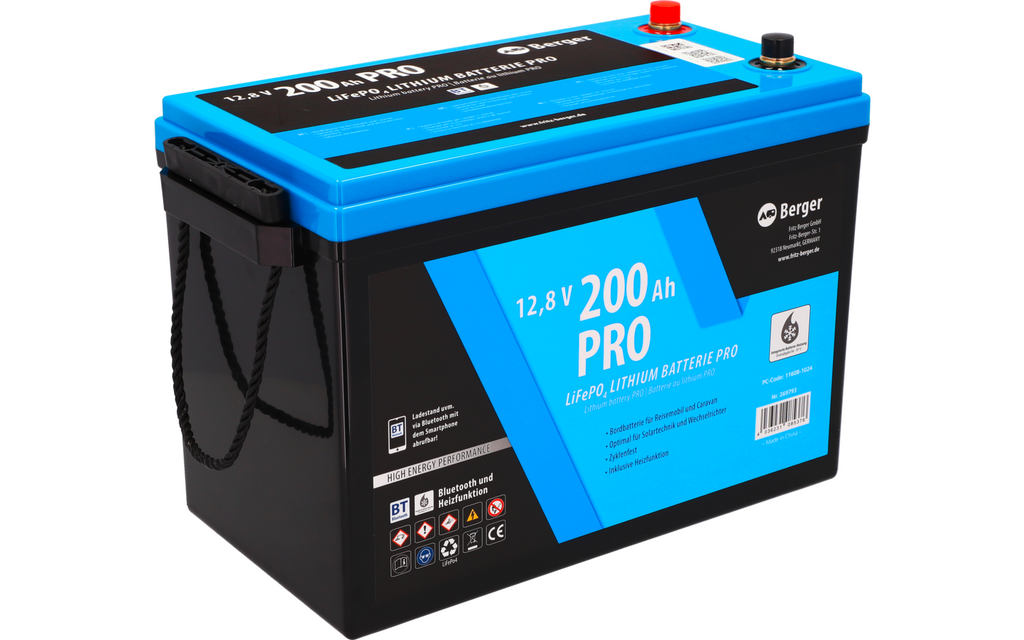 LiFePO4 litiumsbatteri Pro 200 Ah 12V med Bluetooth og varme med digital skjerm