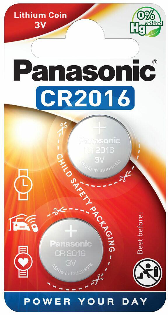 Lithium knappcellebatteri CR2016 3V 2 stk 90 mAh - Panasonic for små enheter