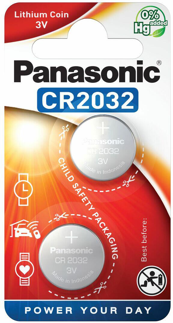 lithium knappcellebatteri cr2032 3v 2 stk 230 mah panasonic forfra