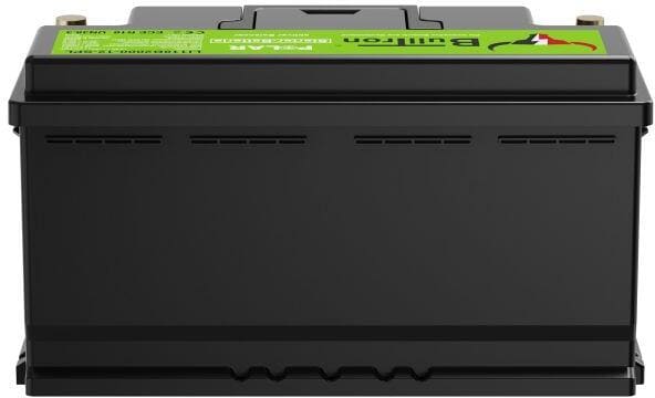 nærbilde av lithium startbatteri lifepo4 l5 118ah 12v bulltron etikett