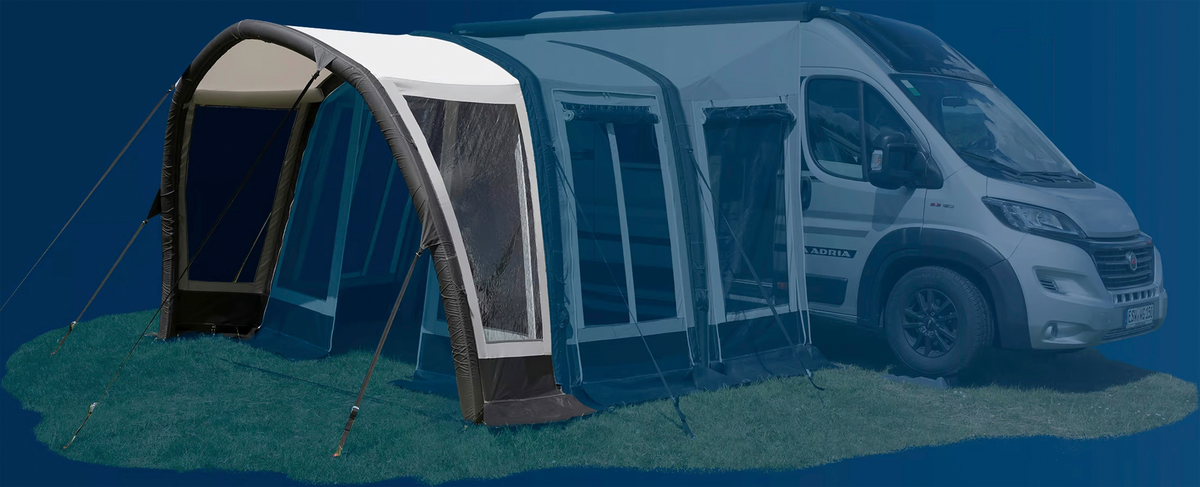 Luftfortelt Yanook Air modul Sun 320x130x235 cm 6,8 kg - Wigo sett forfra, oppsatt i hvitt og svart