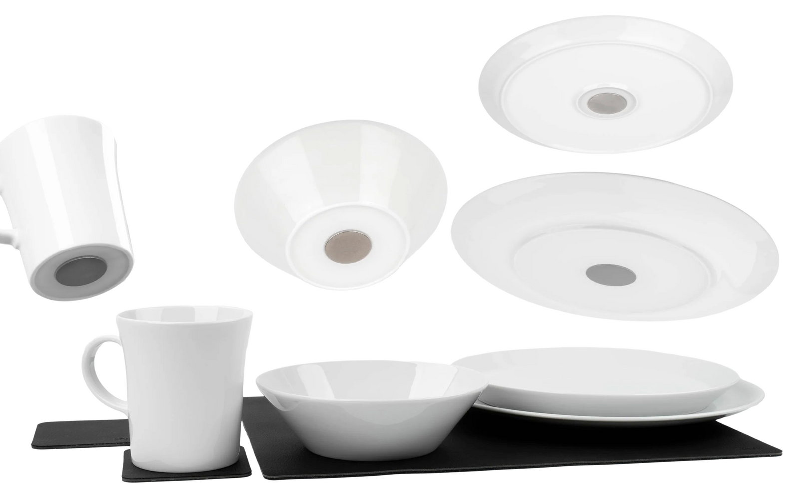Detalj av magnetisk bunn på Magnetisk porselen servicesett 11 deler for 2 personer Classic - Silwy