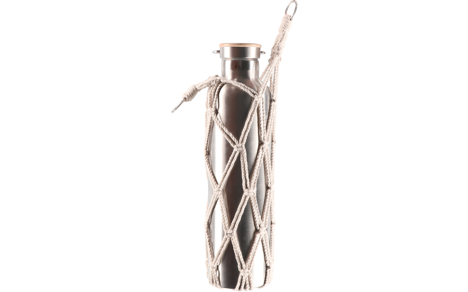 Makramé flaskeholder med karabinkrok for 1-liters flasker - Camplife bakside