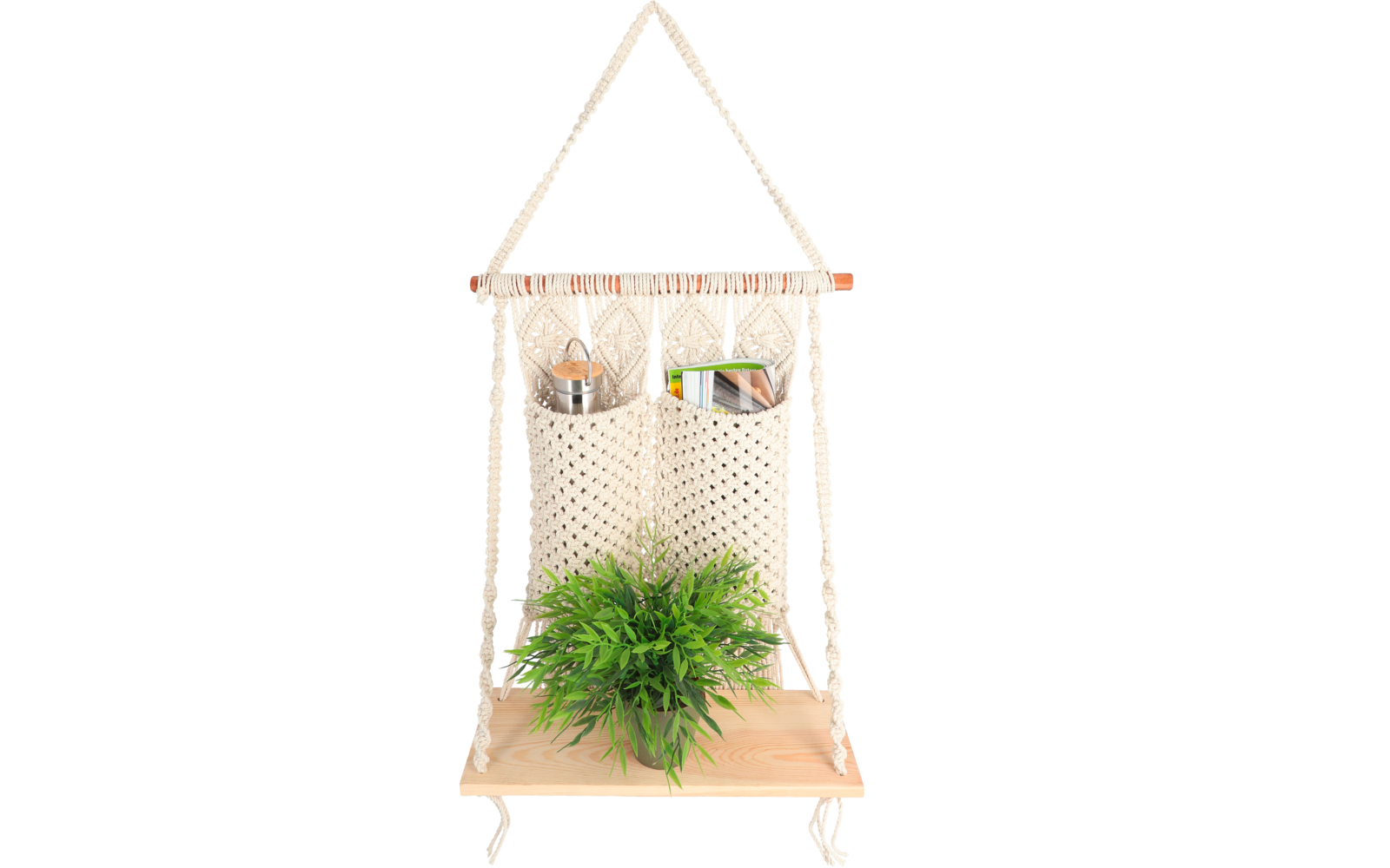 Detalj nærbilde av Makramé-organiser med hylle 95 x 41,5 cm FSC-tre