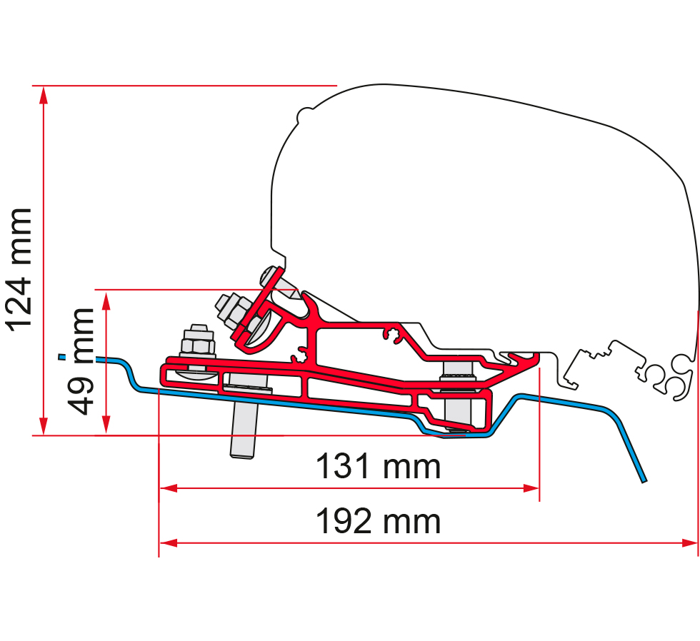 Markiseadapter F80/F65 for Ford Transit H3 L4 fra 2014 montert på varebil