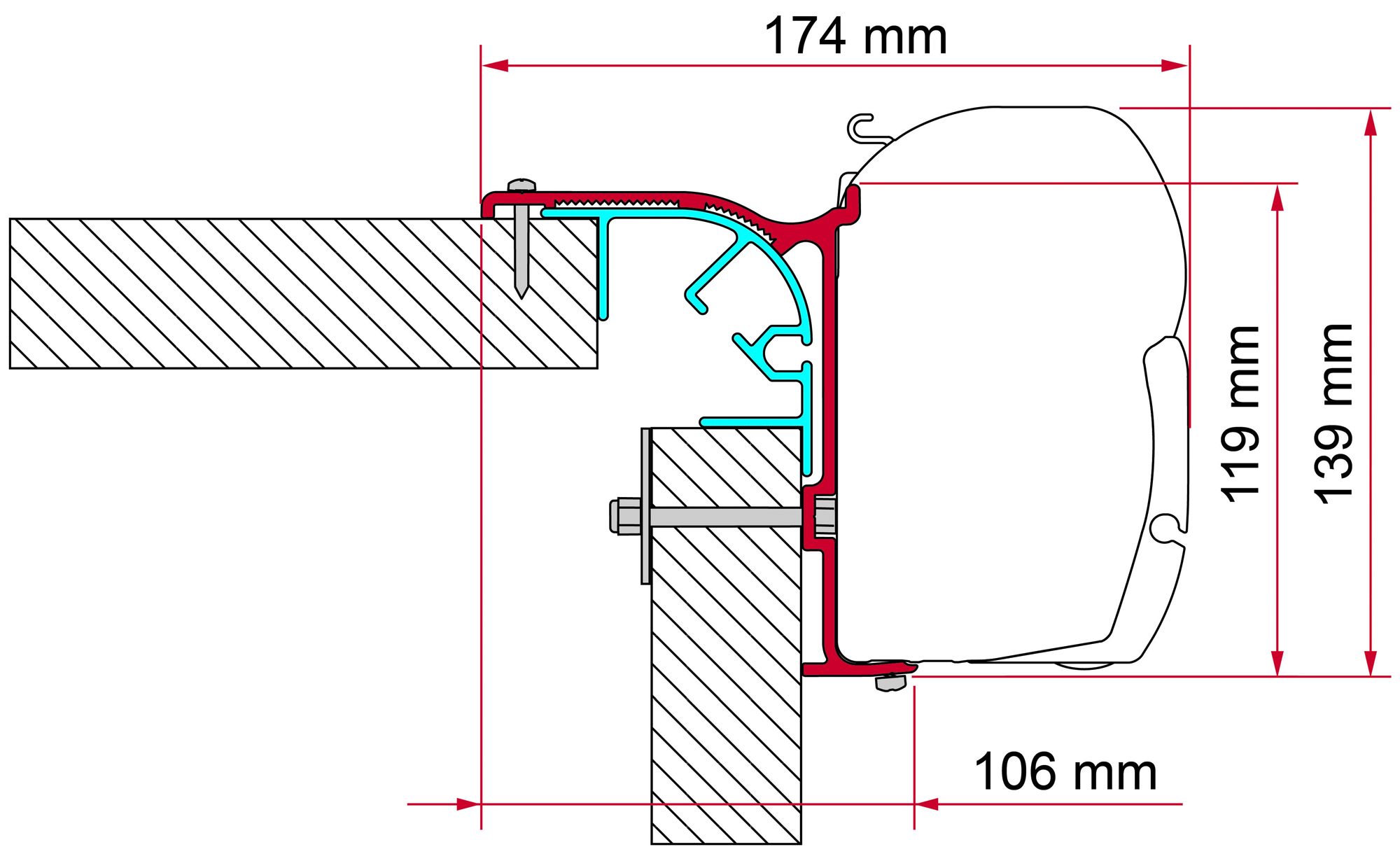 Markiseadapter Kit Bailey MK1 for F45 med 3x15 cm veggfeste fra Fiamma montert på campingvogn