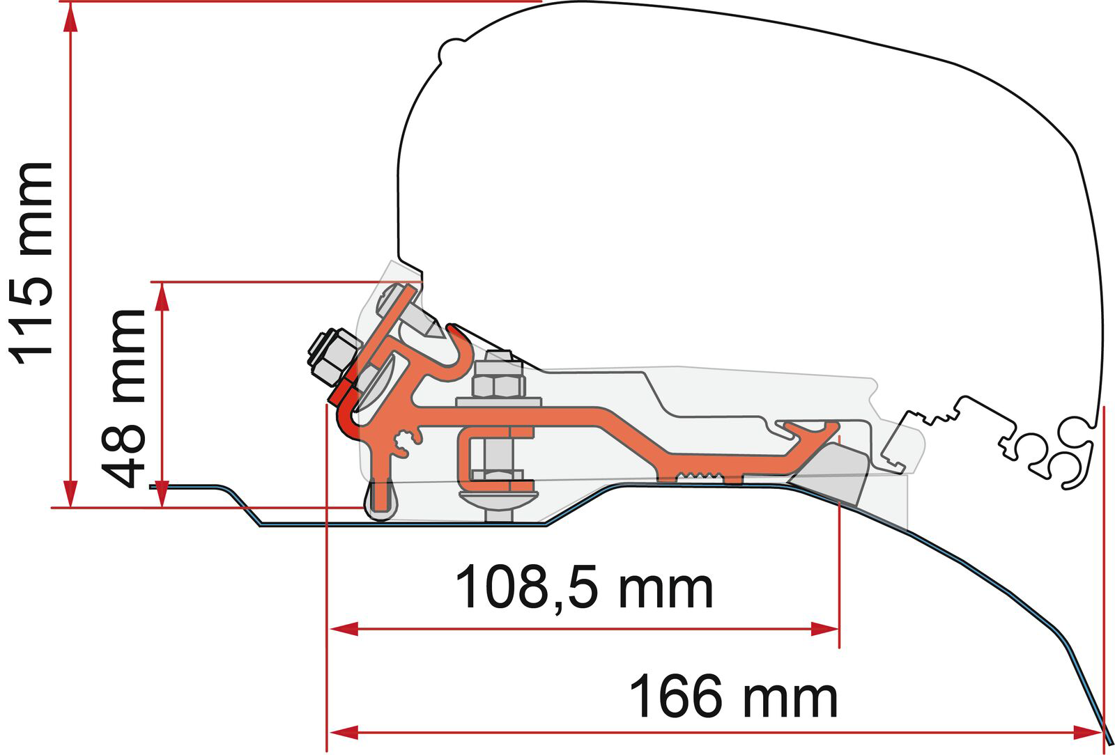 Markiseadapter kit Fiat Ducato/Citroën Jumper/Peugeot Boxer for F80 montert på bil