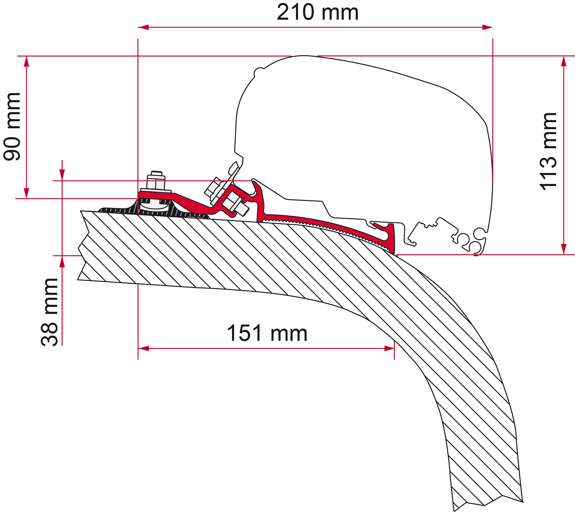 Markiseadapter Kit Giottiline/Fendt for F80/F65 15 cm montert på campingvogn