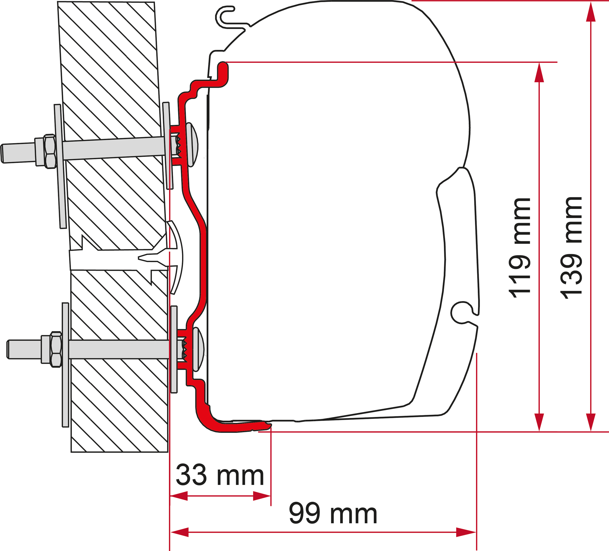 Markiseadapter Kit Hymer 2016 for F45, veggmontering forfra