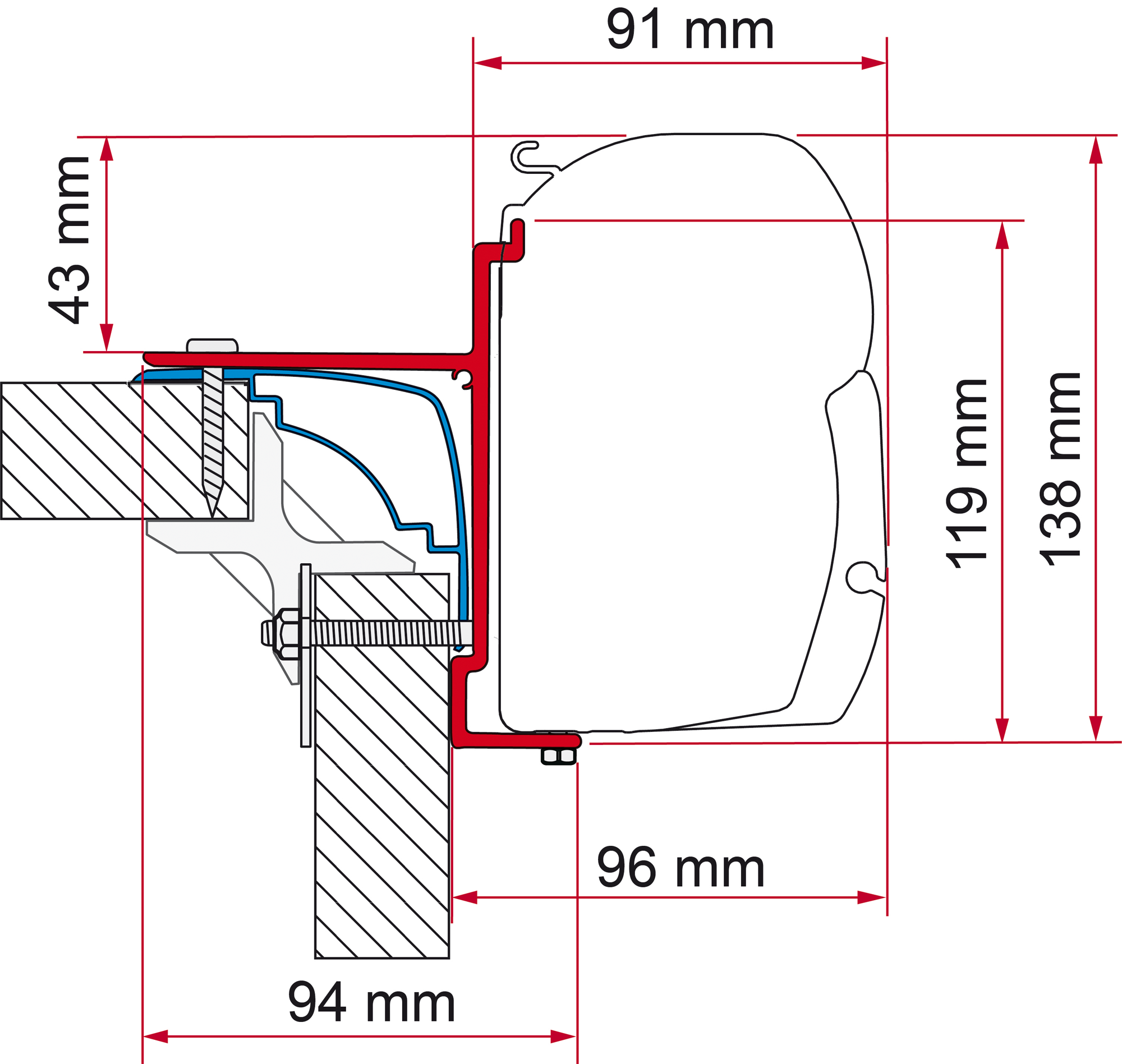 Markiseadapter Laika Ecovip for F45, 390 cm veggmontering sett forfra