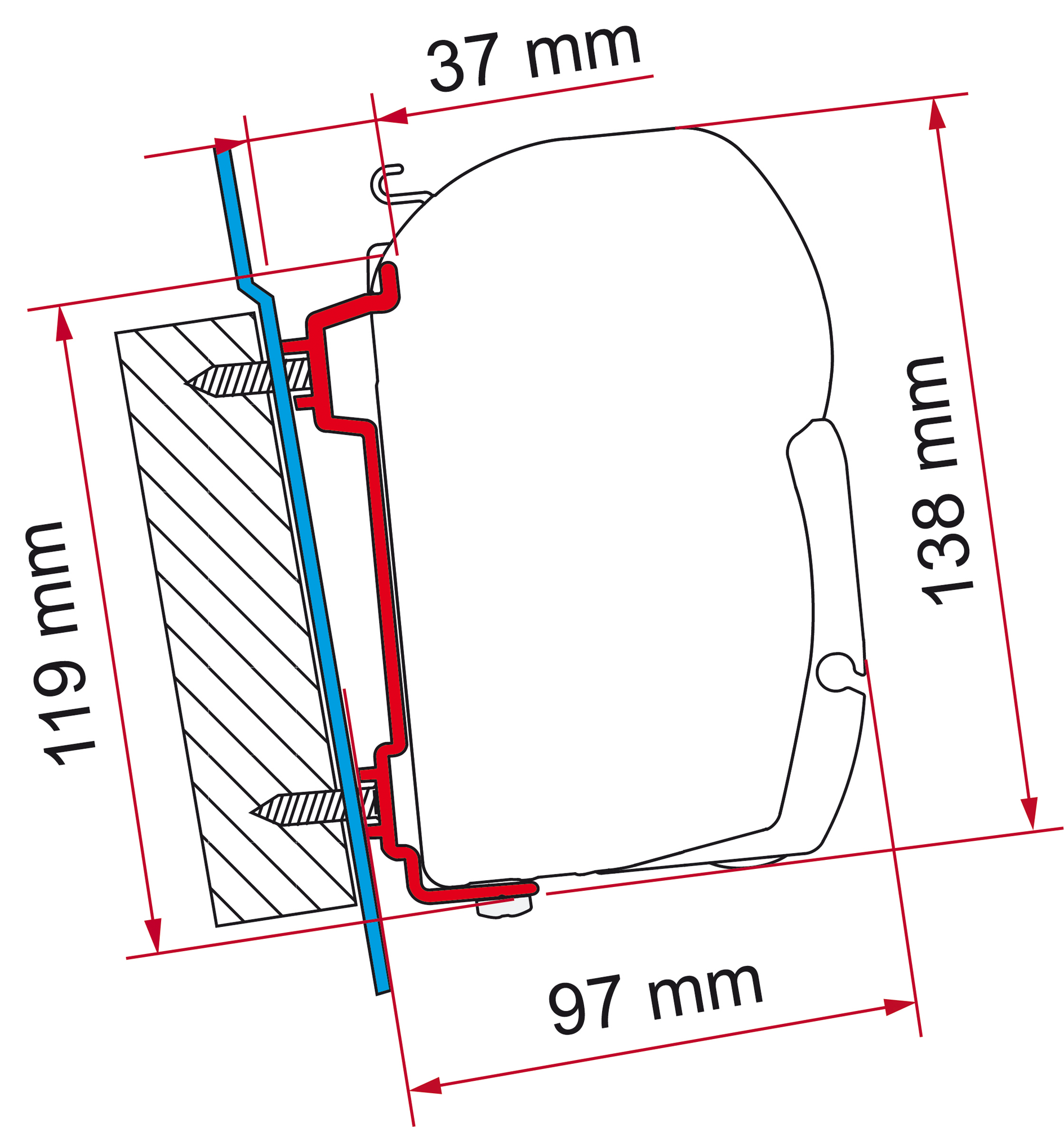 Markiseadapter veggmontering F45/F70 for Ford Transit sett forfra