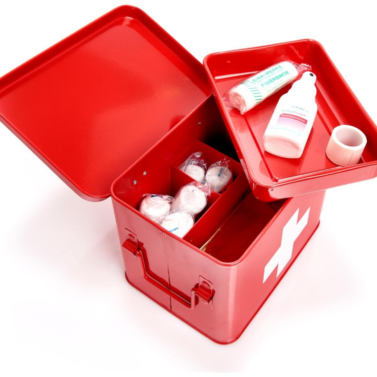 Baksiden av medisinskrin i pulverlakkert metall med 4 rom 21,5x16x16 cm - Zeller