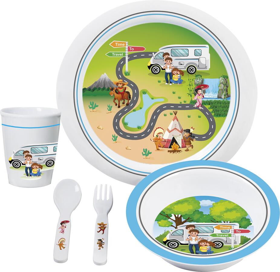 Melamin barneservise Time to Travel 5 deler - Brunner forfra