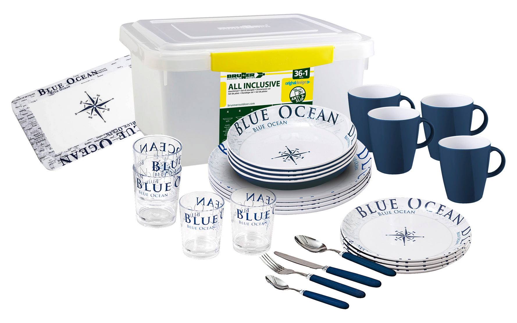 Melamin servicesett 38-deler for 4 personer med transportboks Brunner Blue Ocean sett oppstilt