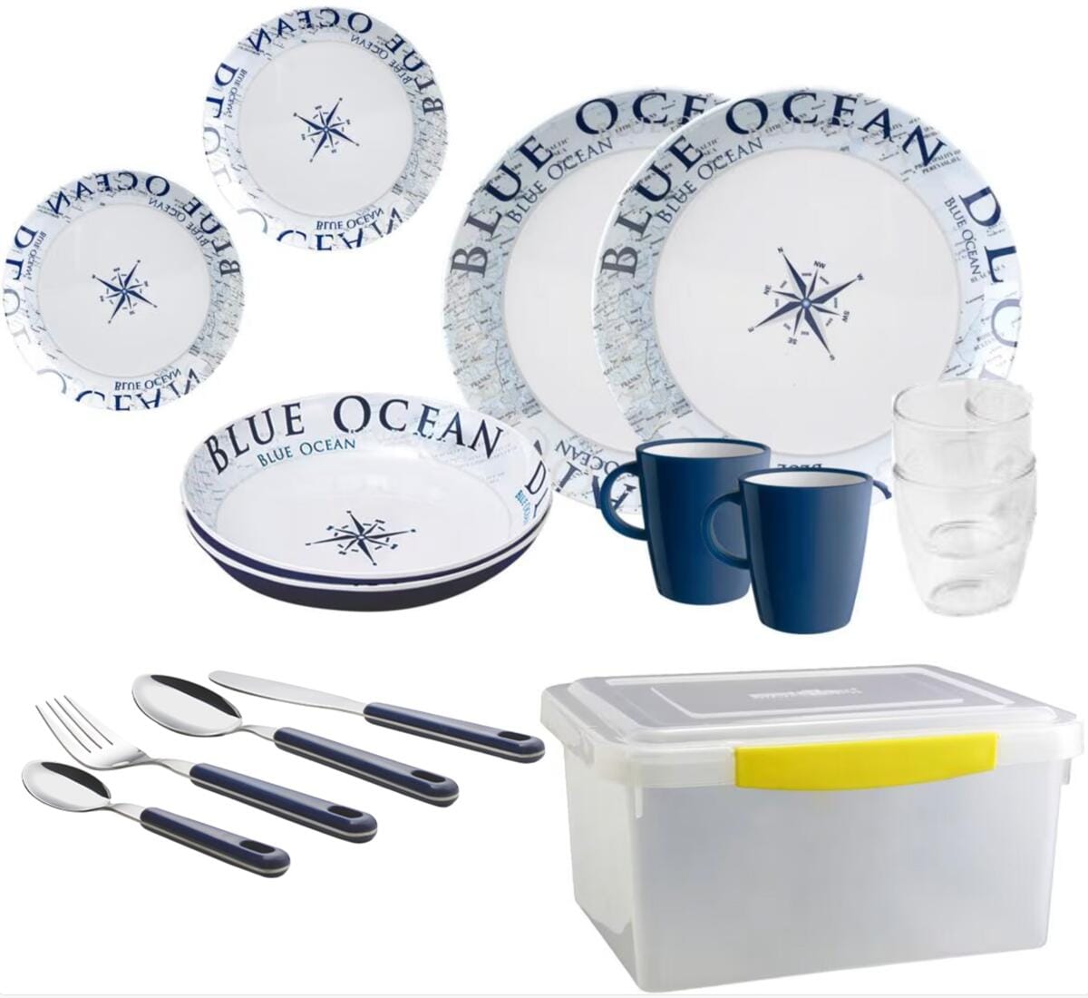 Melamin servicesett Blue Ocean med sklisikre tallerkener - Brunner for campingbruk