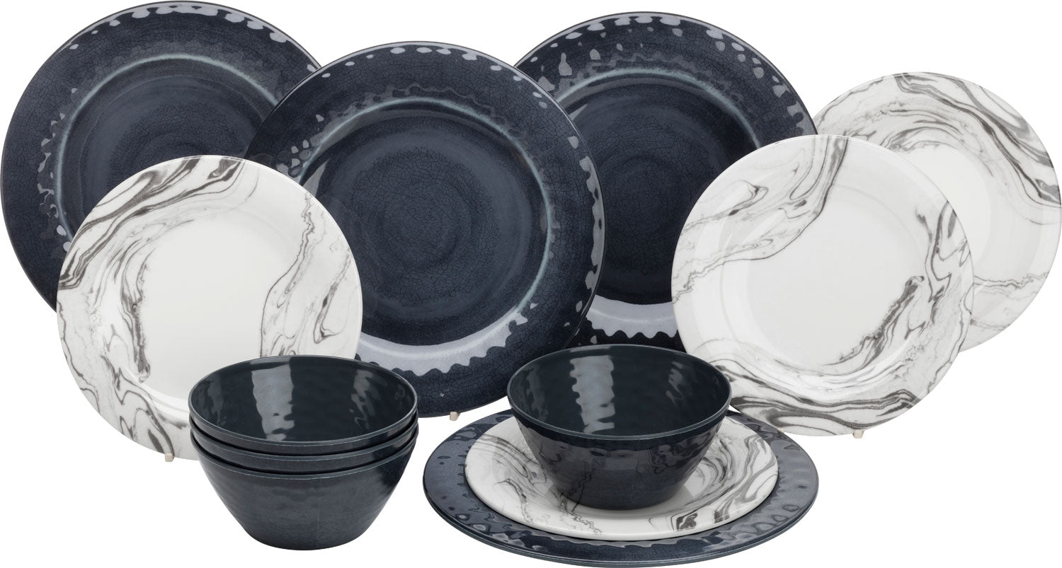 Melamin servicesett Marble 12 deler for 4 personer marmor sett forfra