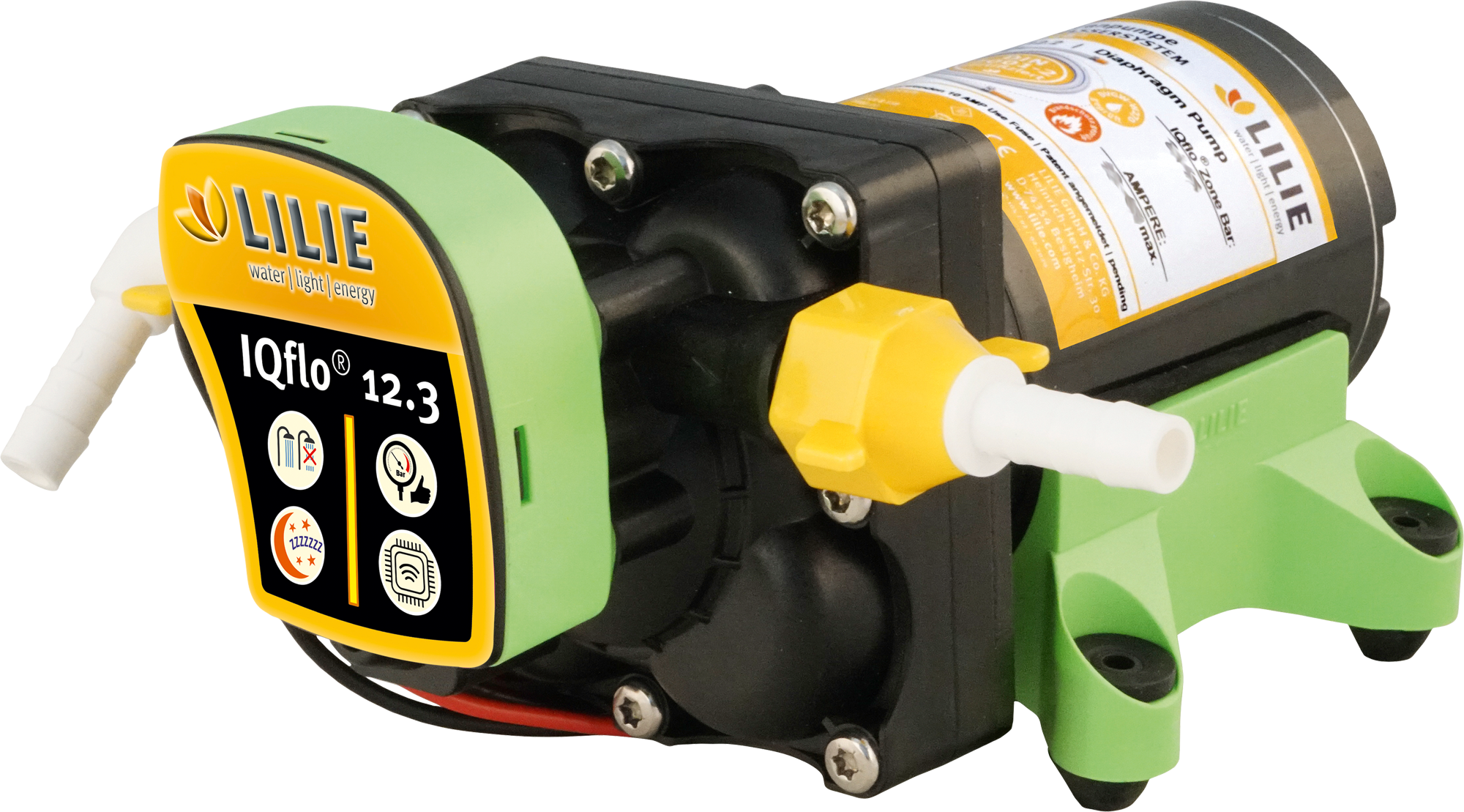 Membranvannpumpe IQflo 12V 2,5 bar 12,3 l/min Lilie for campingbruk