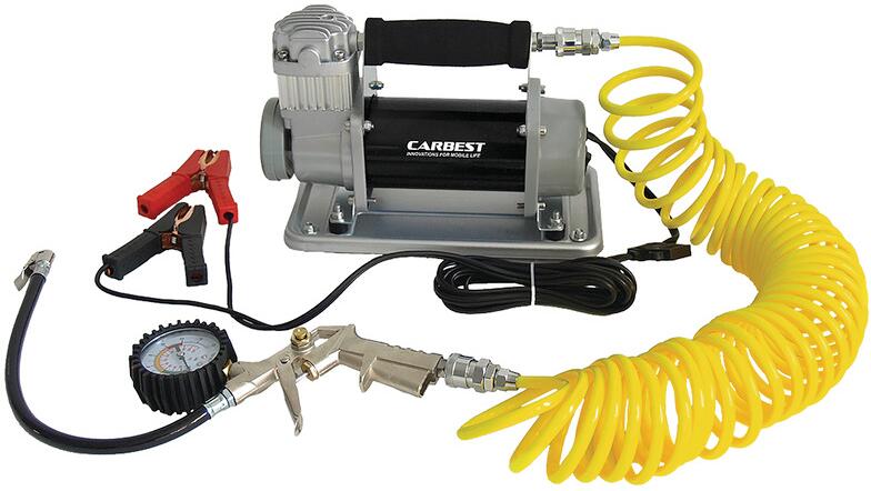 Minikompressor 12V 10 bar med transportveske og 8m slange forfra