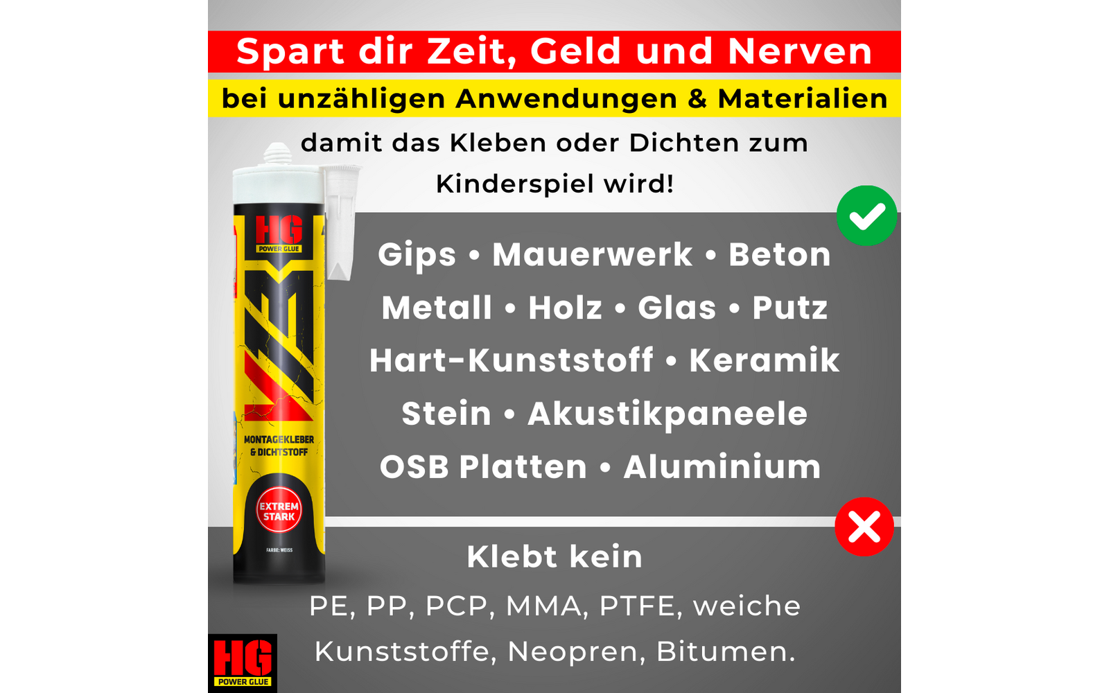 Monteringslim og tettemiddel V13 440 g hvit - HG Power Glue emballasje