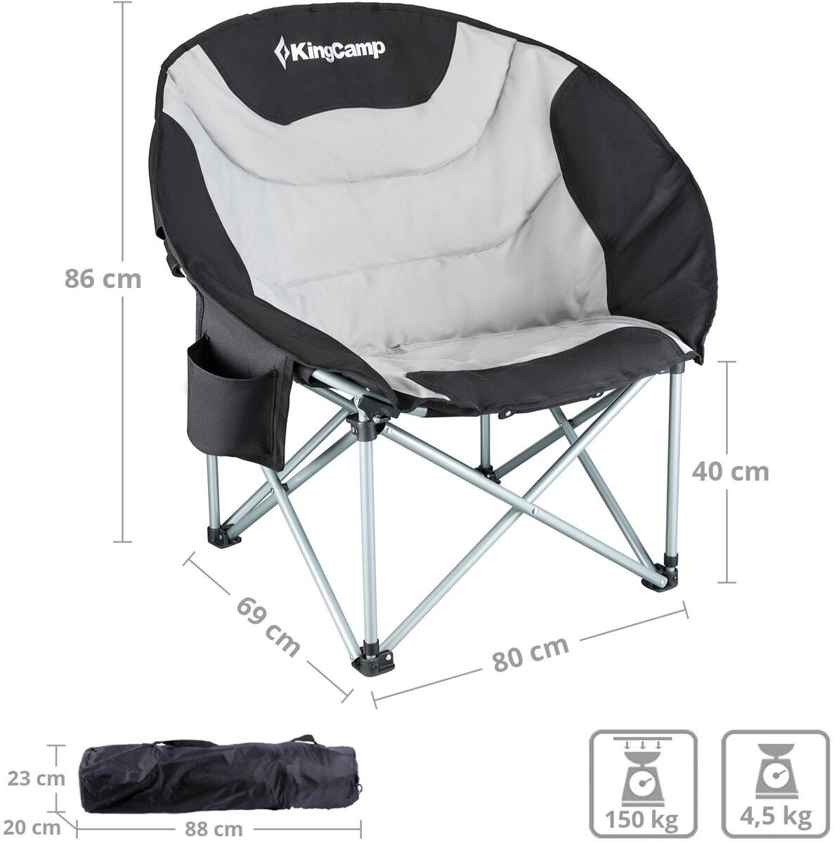 Moonchair Deluxe sammenleggbar 150 kg svart/grå - KingCamp sideprofil