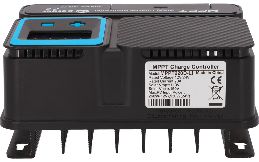 Detalj av skjerm på MPPT solcelleladeregulator SX PRO 20 A