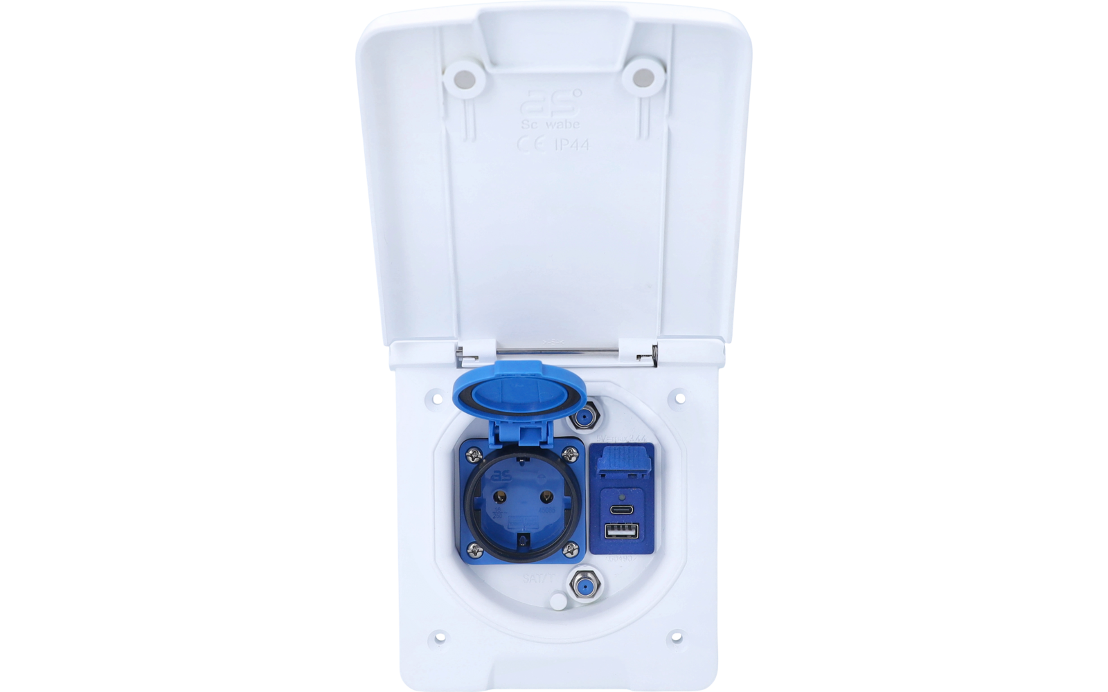 Bakside av Multifunksjonsstikkontakt 230 V med SAT USB-A USB-C IP44