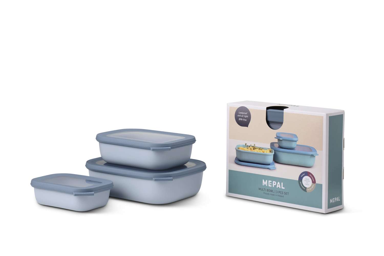 Multiskål Cirqula rektangulært sett 3-delt flat nordic blue - Mepal forfra