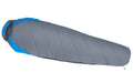 Mumiesovepose Dreamer 225 cm hulfiber 1800 g glidelås høyre grå/blå sett forfra med konturhette og varmekrage