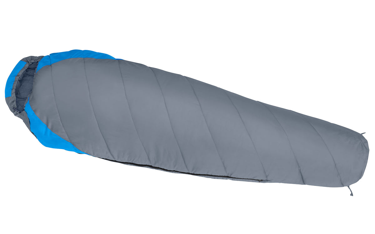 Mumiesovepose Dreamer 225 cm hulfiber 1800 g glidelås høyre grå/blå sett forfra med konturhette og varmekrage