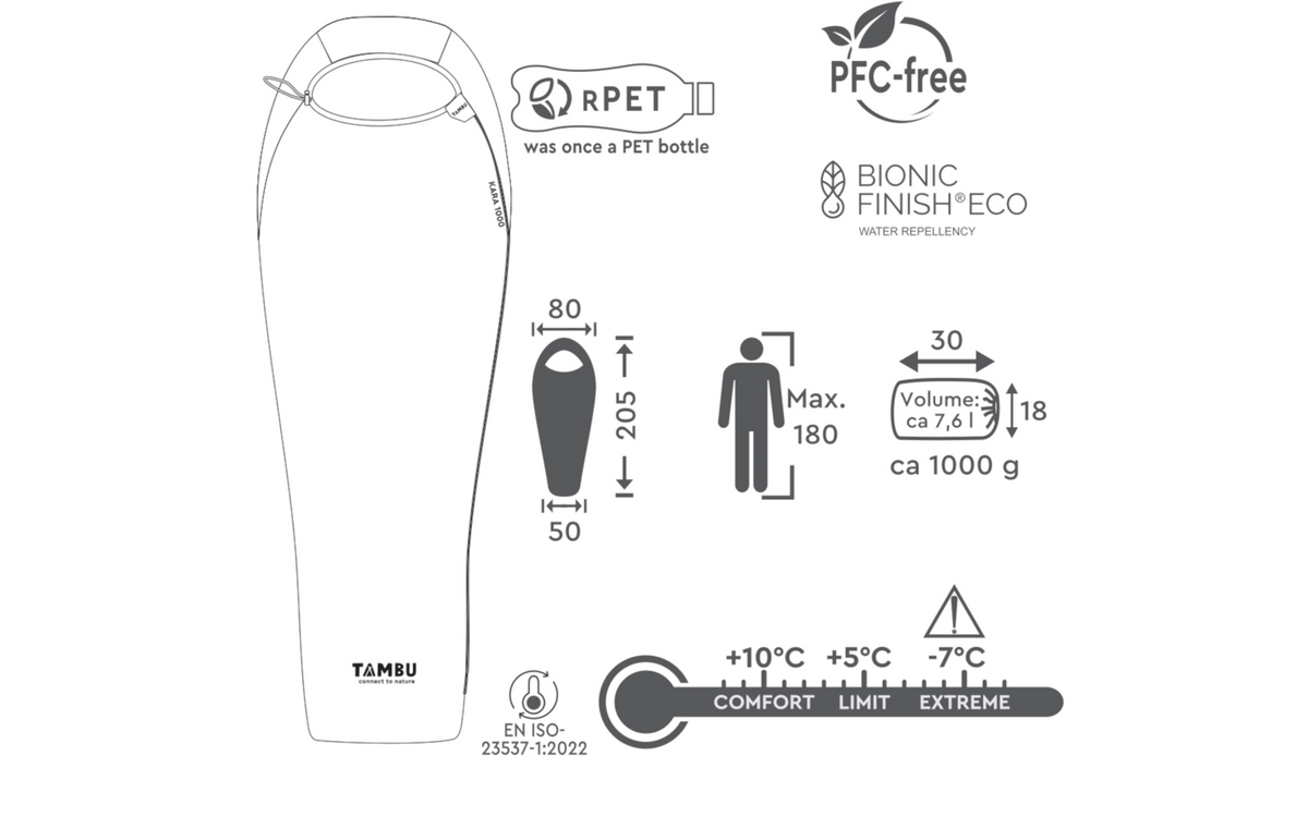 Mumiesovepose Kara 1000 sommer polyester 205 cm 1 kg - Tambu i bruk i telt