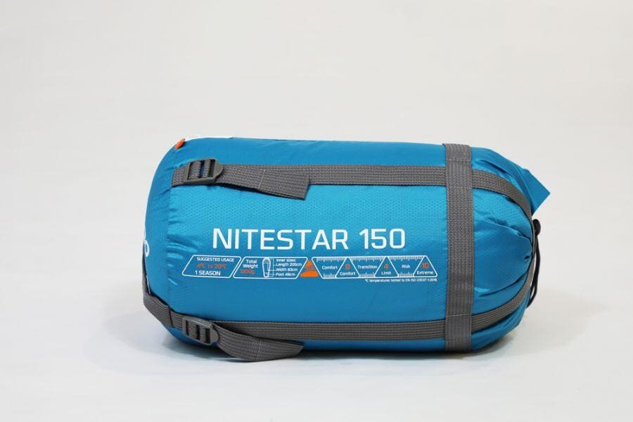 Nærbilde av glidelås på Mumiesovepose Nitestar Alpha 150 2-3 sesonger 1,3 kg blå