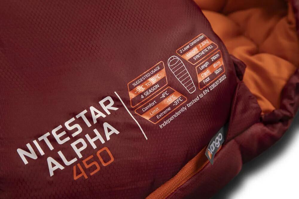 Mumiesovepose Nitestar Alpha 450, 205 cm montert på campingplass