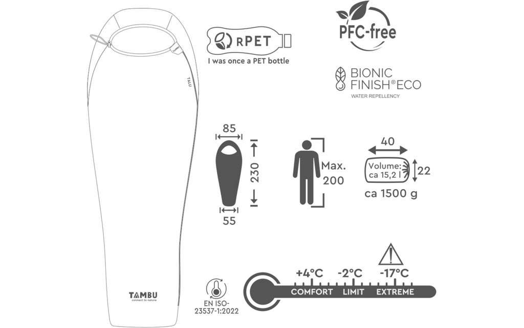 Mumiesovepose Talu 3-sesongs polyester 230 cm 1,5 kg - Tambu med kompresjonspose ved siden av