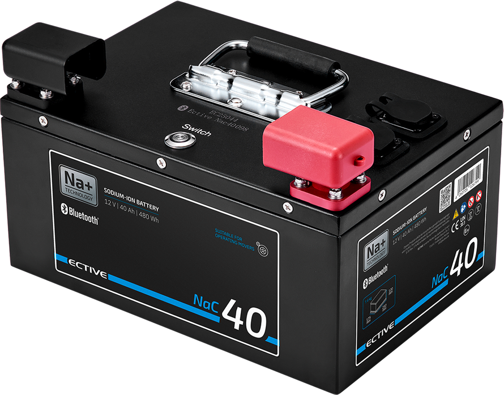 Natrium-ion moverbatteri NaC BT 12V 40Ah med Bluetooth for camping og båt forfra