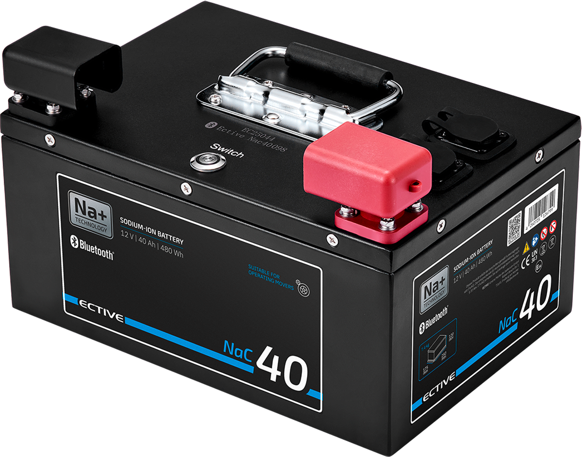 Natrium-ion moverbatteri NaC BT 12V 40Ah med Bluetooth for camping og båt forfra