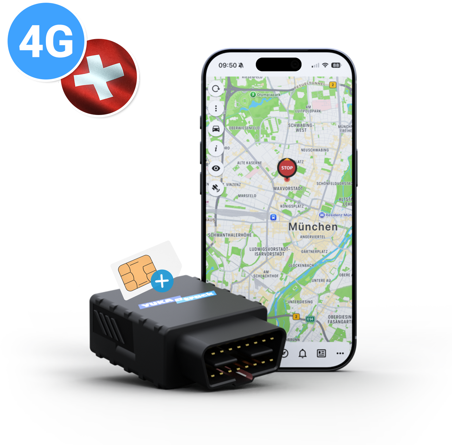 OBD 4G GPS-sporing med SIM-kort og dataflat for Europa - Yukatrack forfra