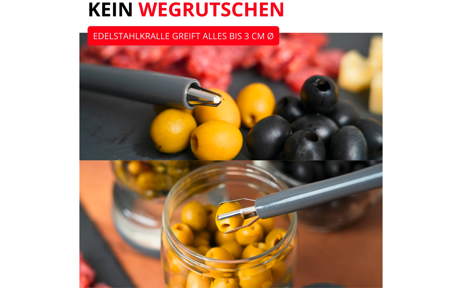 Olivengriper i rustfritt stål for oliven og pickles - Westmark i bruk ved buffet