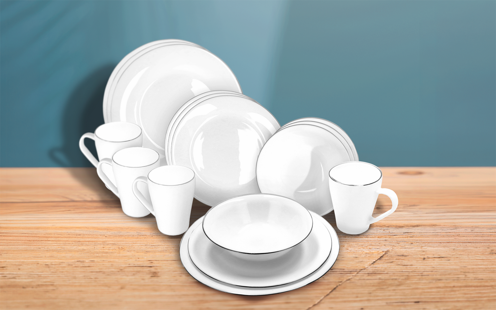 Opalglass servicesett 16 deler for 4 personer hvit/sølv montert