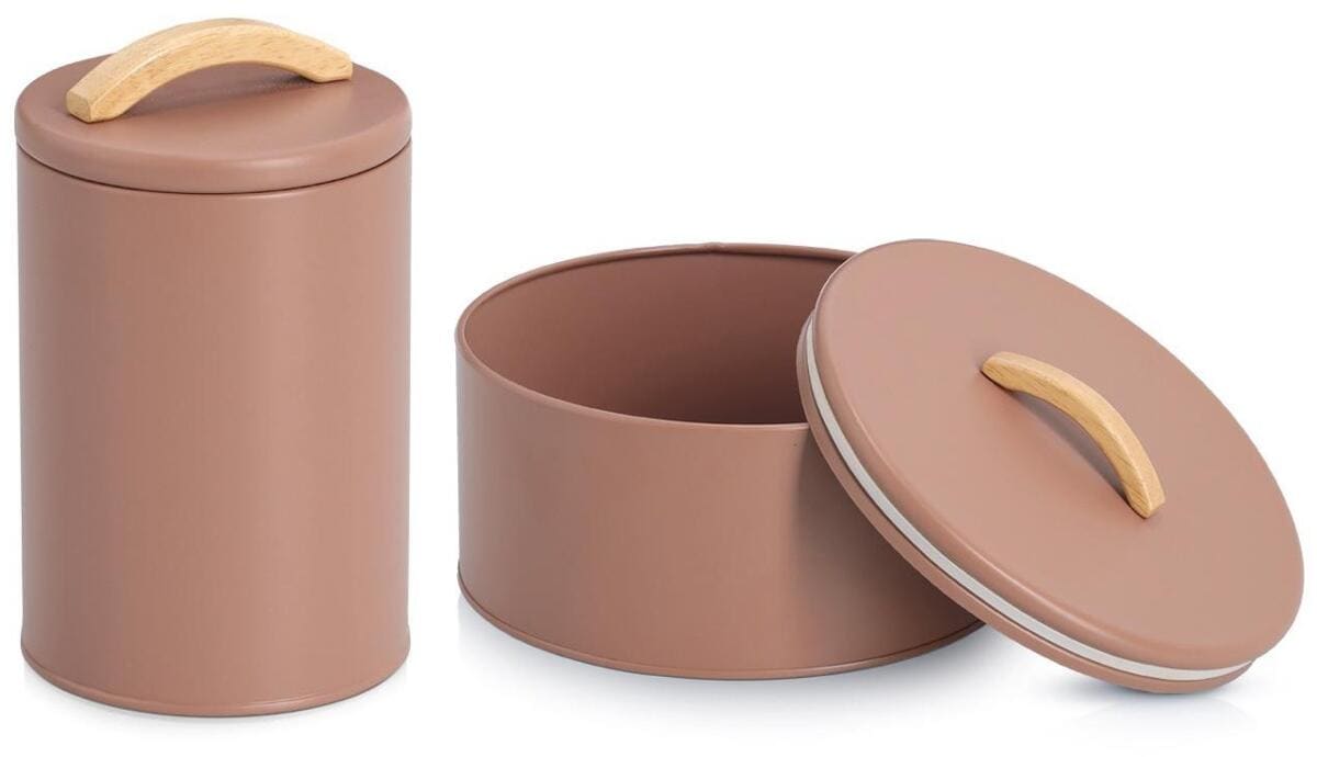 Oppbevaringsboks i metall med lokk i gummitre, mocca - Zeller forfra