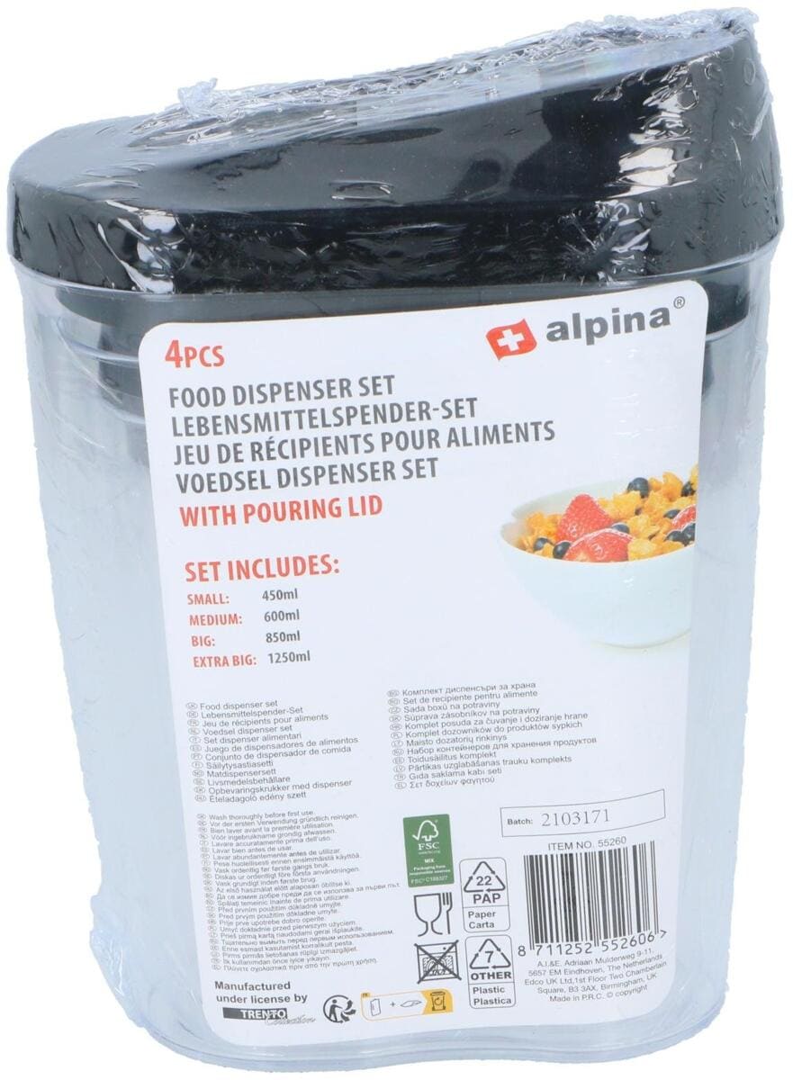 Oppbevaringsbokser 1,25/0,85/0,6/0,45 l 4-delers sett - Alpina med lokk åpent