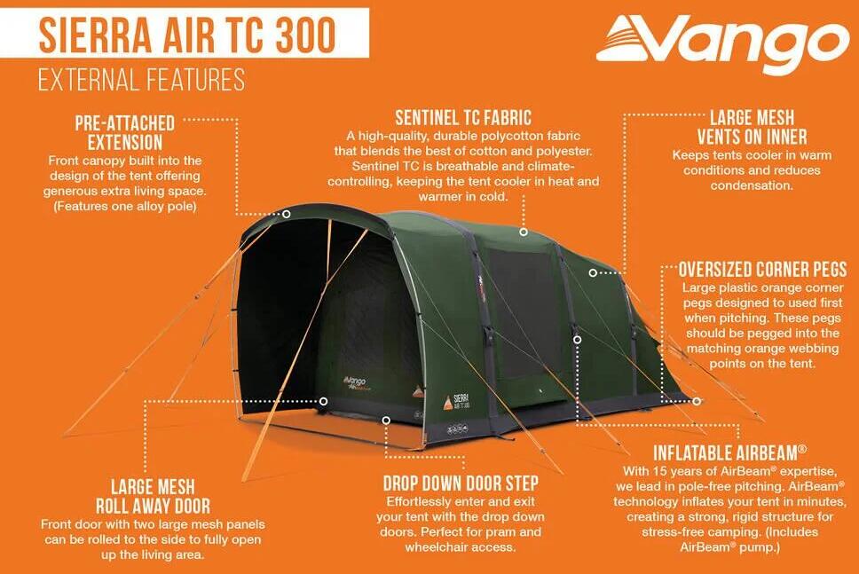 Oppblåsbart telt Sierra Air TC 300 3-pers. polybomull ivy pumpe med manometer