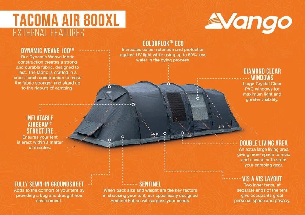 Oppblåsbart telt Tacoma Air 800XL 710x265cm 8-pers. Deep Blue - Vango