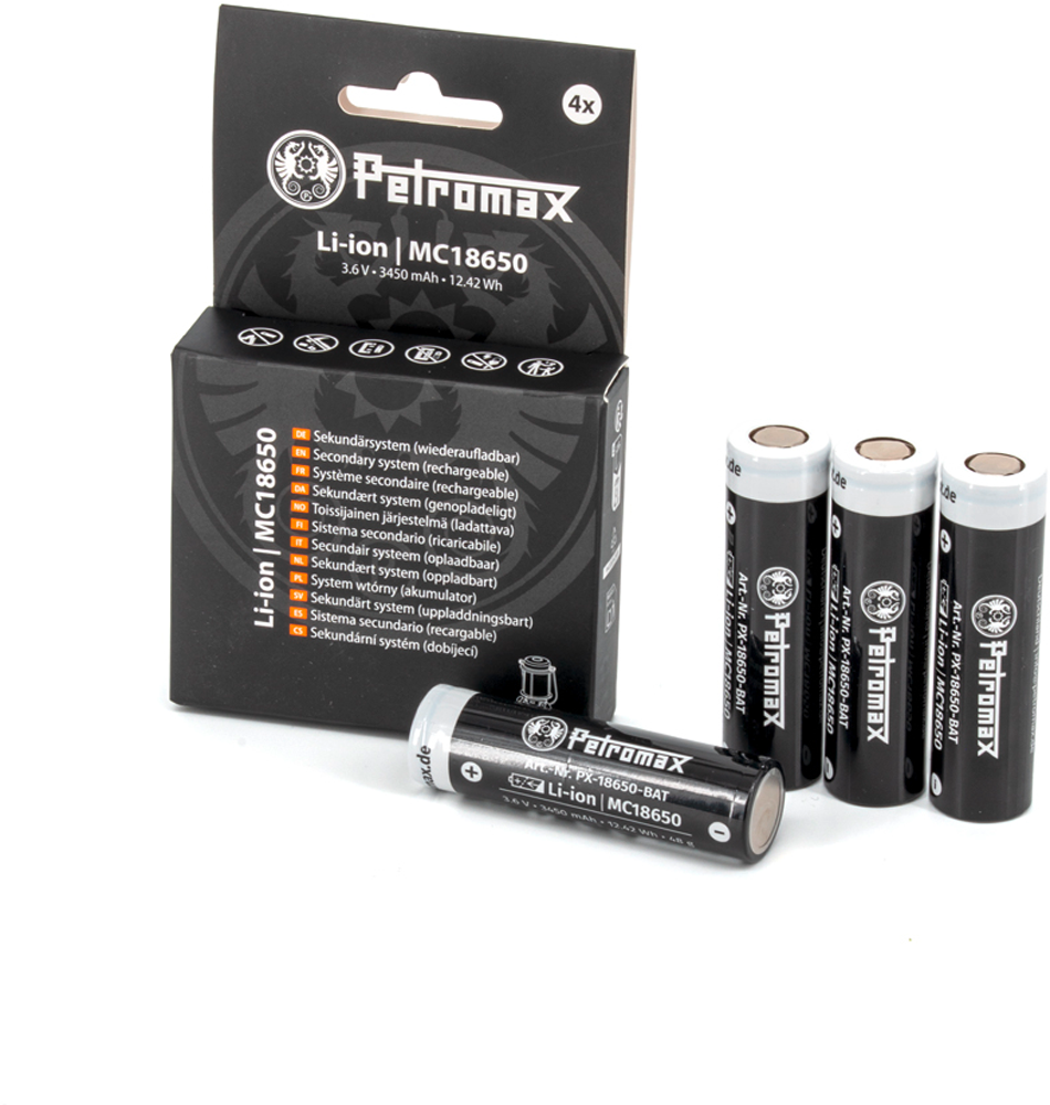 Oppladbart batteri 18650 3450 mAh 4-pakning - Petromax forfra
