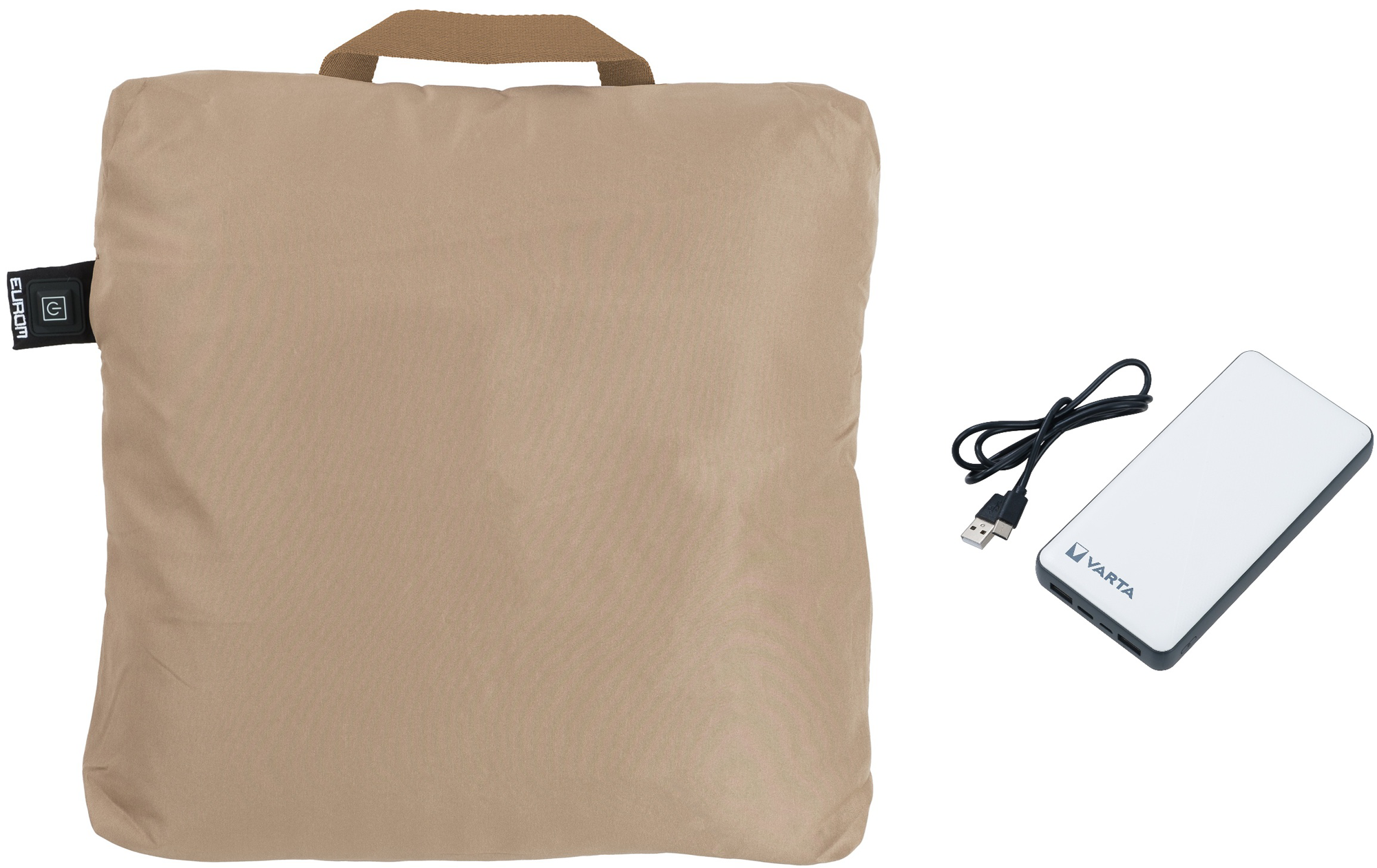 Oppvarmbar campingpute med Varta powerbank 20000 mAh - Eurom Warmigo forfra