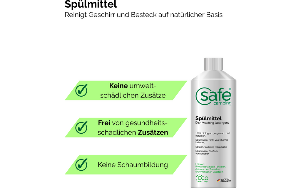 Nærbilde av flaske med Oppvaskmiddel naturlig med biopolymerer 500 ml - Safe Camping