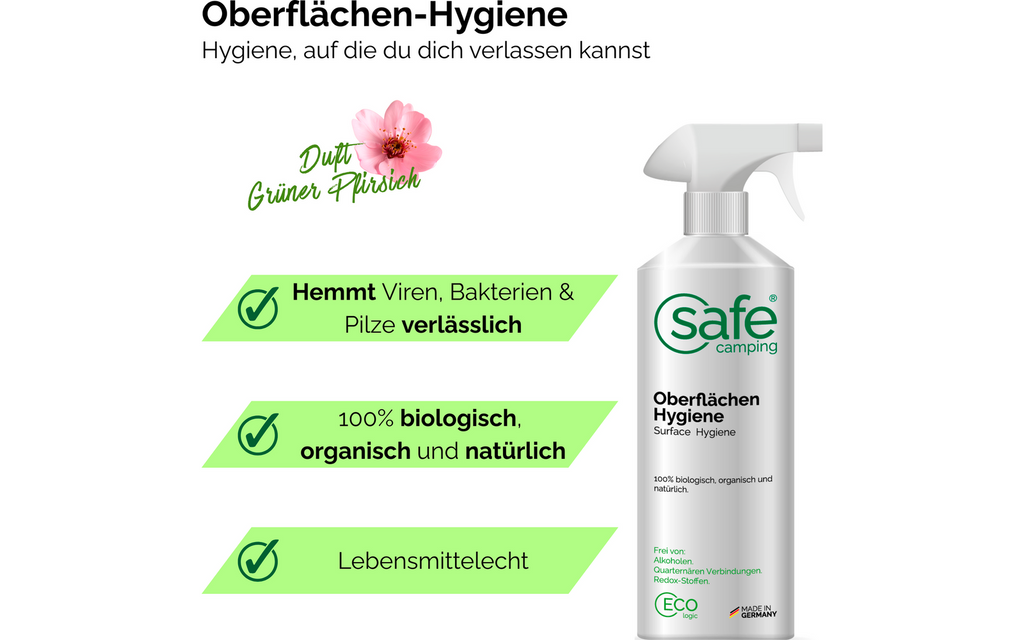 Bakside av Overflatehygiene uten alkohol 500 ml - SAFE CAMPING flaske