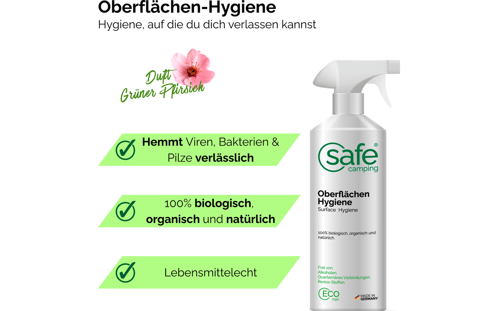 Bakside av Overflatehygiene uten alkohol 500 ml - SAFE CAMPING flaske